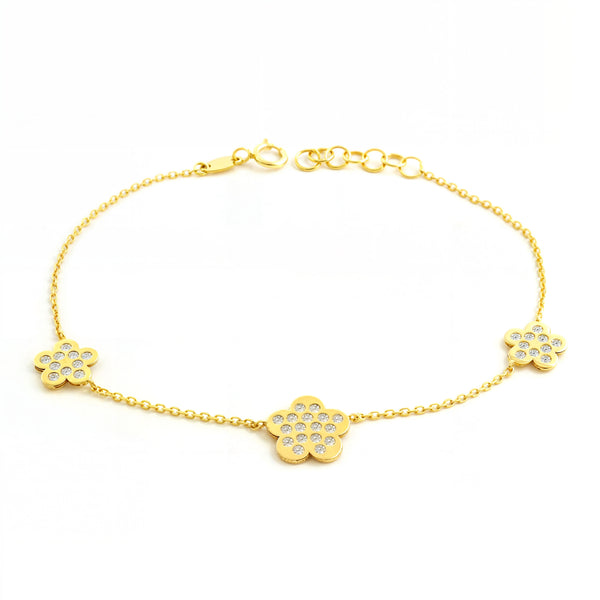 Bracciale Donna Ragazza Oro Giallo 9K Charms Fiore Margherita Zircone Brillante 18 cm