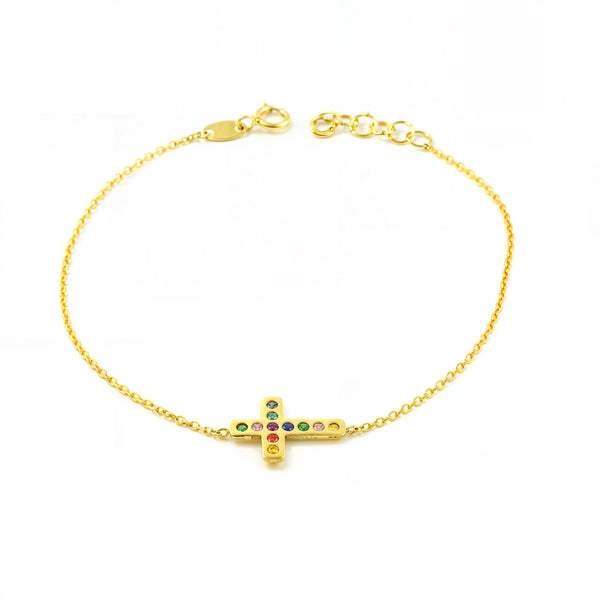 Bracciale Donna Oro Giallo 9K Croce orizzontale Zircone Colore Brillante 17 cm