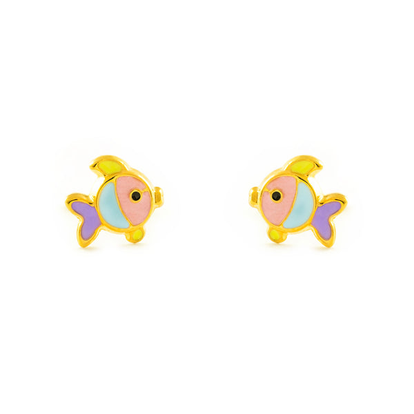 Orecchini Smalto multicolore Pesce Oro Giallo 9K