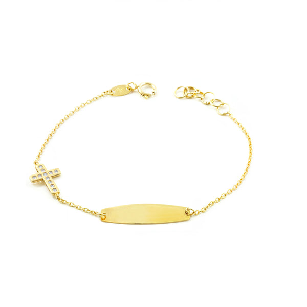 Bracciale Bambina Oro Giallo 9K Personalizzato Schiava Croce orizzontale Zircone Brillante 14 cm