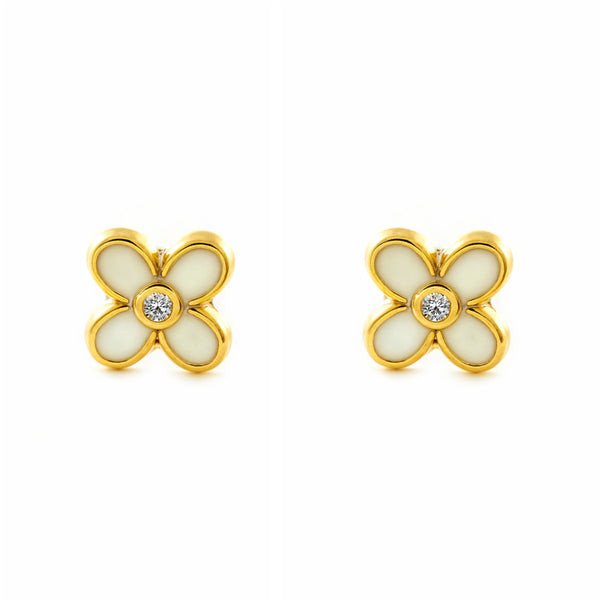 Orecchini Bambina Oro Giallo 9K Quadrifoglio Smalto Bianco Lucido