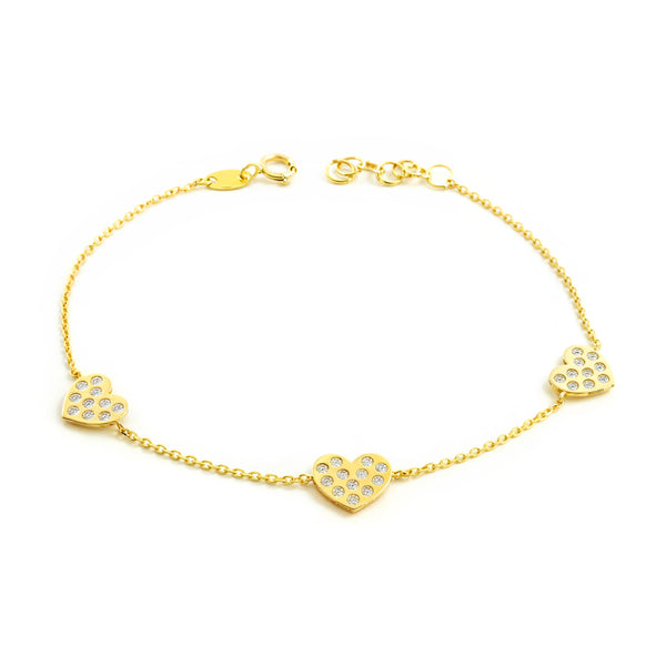 Bracciale Donna Ragazza Oro Giallo 9K Charms Cuori Zircone Brillante 18 cm