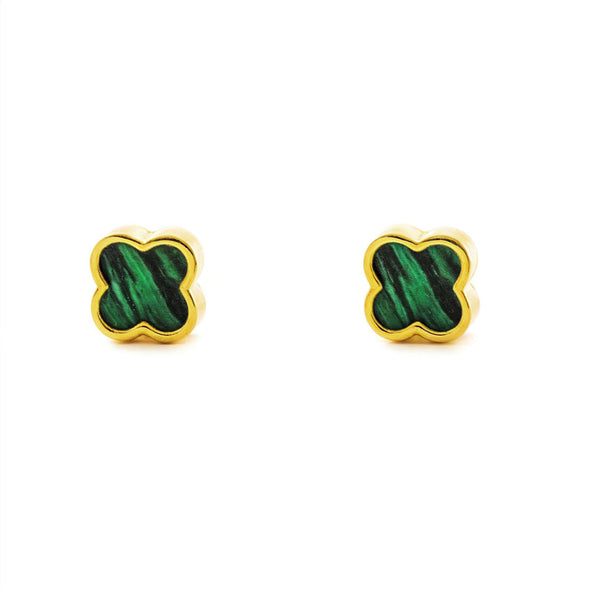 Orecchini Oro Giallo 9K Quadrifoglio Malachite Brillante