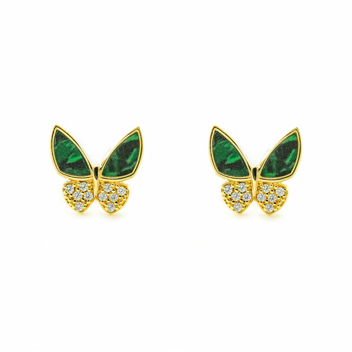 Pendientes Niña Mujer oro Amarillo 9K Mariposa Piedra Malaquita Verde Brillo