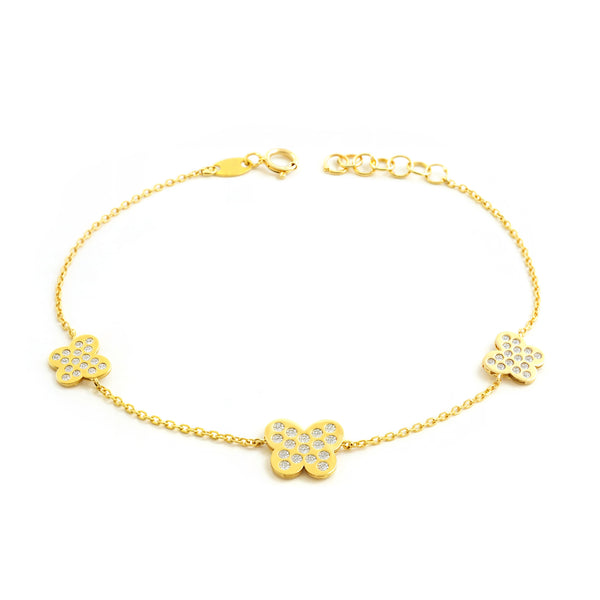 Bracciale Donna Ragazza Oro Giallo 9K Charms Farfalle Zircone Brillante 18 cm