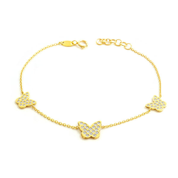 Bracciale Donna Ragazza Oro Giallo 9K Charms Farfalle Zircone Brillante 18 cm