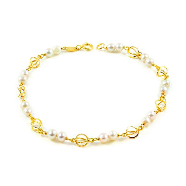 Bracciale Ragazza Oro Giallo 18K Perla Roton4 mm a Cestino Brillante do 18 cm