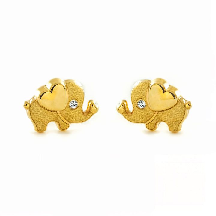 Pendientes Niña oro Amarillo 9K Elefante Piedra Circonita Mate y Brillo