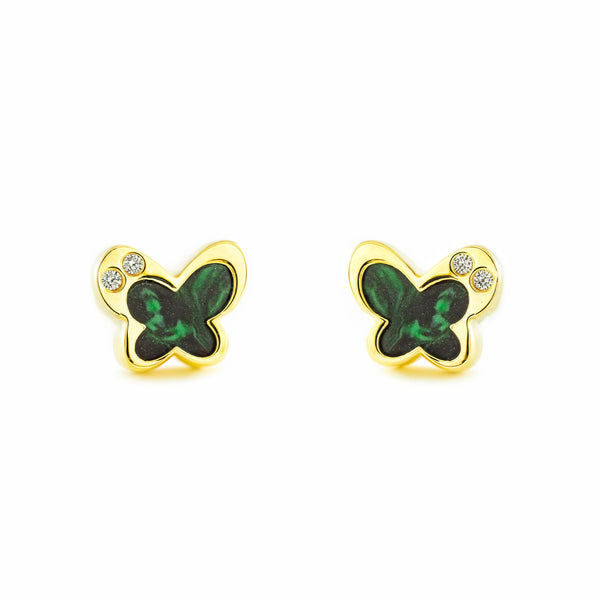 Pendientes Niña oro Amarillo 9K Mariposa Piedra Malaquita Verde Brillo