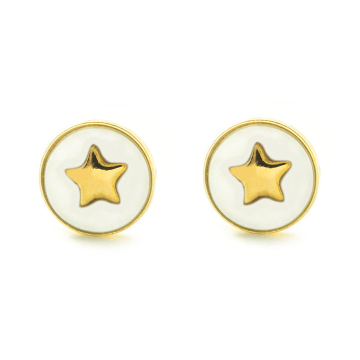 Pendientes Niña oro Amarillo 9K Estrella Nácar Madre Perla Blanco Brillo