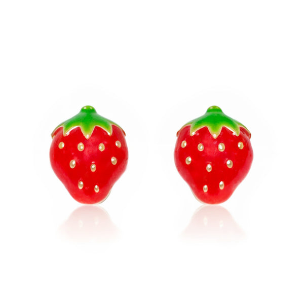 Orecchini ragazza Smalto Rosso-Verde Fragole Oro Giallo 9K