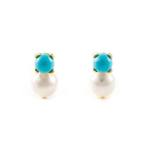 Orecchini bambini Turchese 2 mm Perla 3 mm Oro Giallo 18K