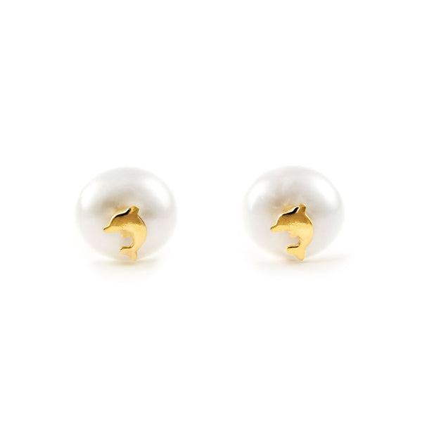 Orecchini bambini ragazza Delfino Perla 5 mm Oro Giallo 18K