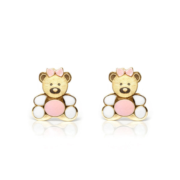 Orecchini ragazza Smalto Rosa-Bianco Orso Oro Giallo 18K