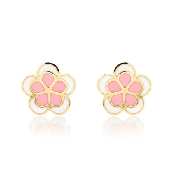 Orecchini ragazza Smalto Rosa-Bianco fiore margherita Oro Giallo 9K