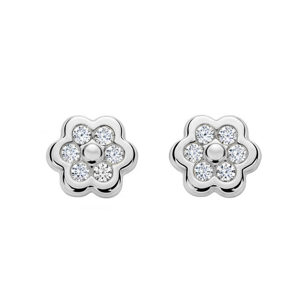 Orecchini ragazza donna fiore margherita Zircone Oro Bianco 9K