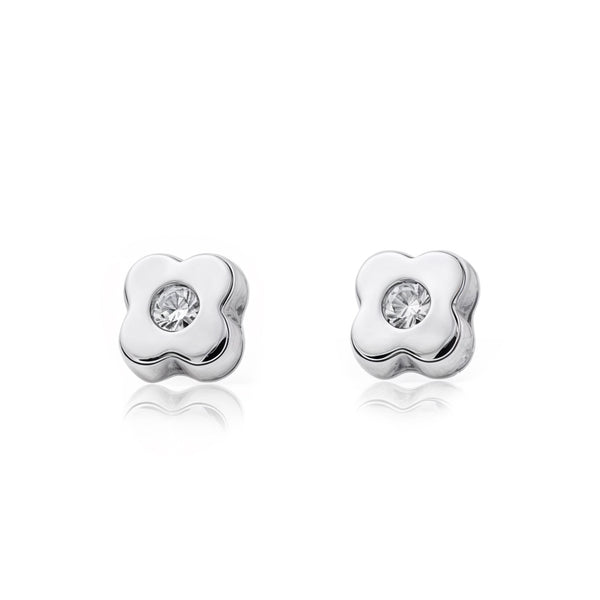 Orecchini bambini Trifoglio Zircone Oro Bianco 9K