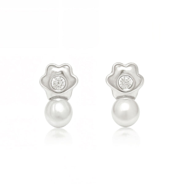 Orecchini bambini ragazza fiore margherita Zircone Perla 3.5 mm Oro Bianco 18K