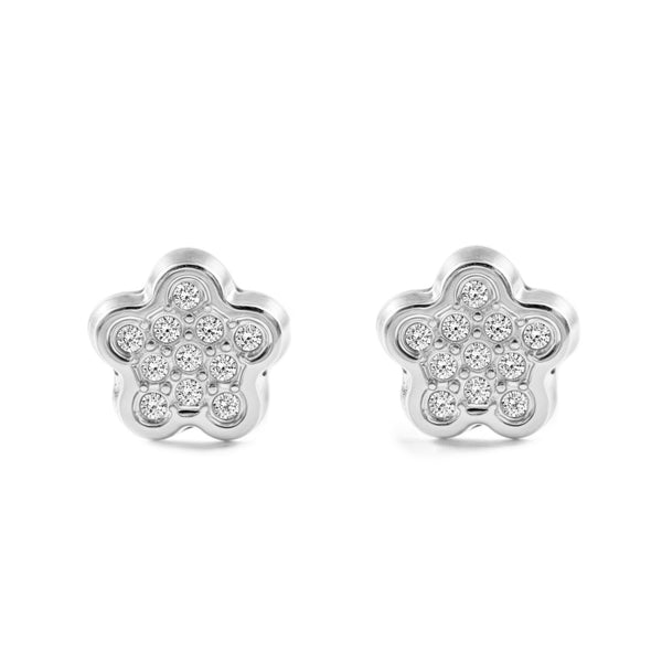 Orecchini bambini ragazza Fiore Zircone Oro Bianco 9K