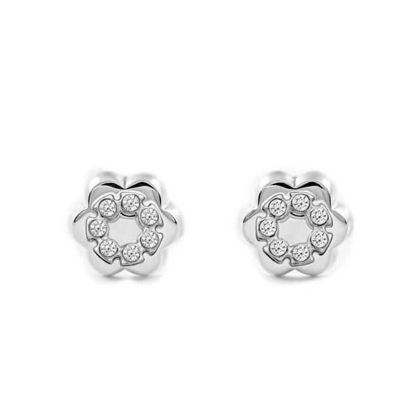 Orecchini bambini ragazza Fiore Zircone Oro Bianco 9K