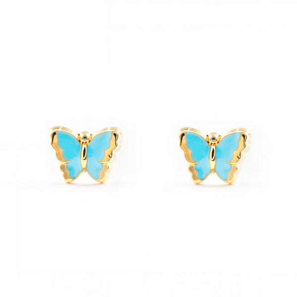 Orecchini bambini ragazza Smalto azzurro Farfalla Oro Giallo 18K