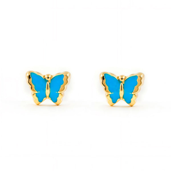 Orecchini bambini ragazza Smalto Blu Intenso Farfalla Oro Giallo 9K