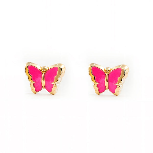 Orecchini bambini ragazza Smalto Rosa Intenso Farfalla Oro Giallo 9K