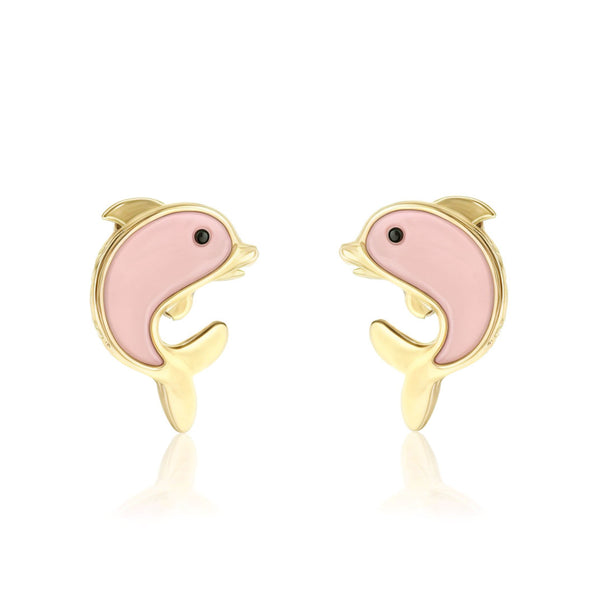 Orecchini ragazza Smalto rosa Delfino Oro Giallo 18K