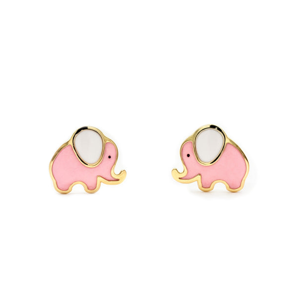 Orecchini bambini ragazza Smalto Rosa-Bianco Elefante Oro Giallo 18K