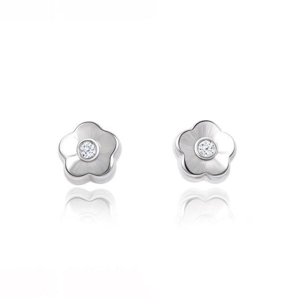 Orecchini bambini fiore margherita Zircone Oro Bianco 9K