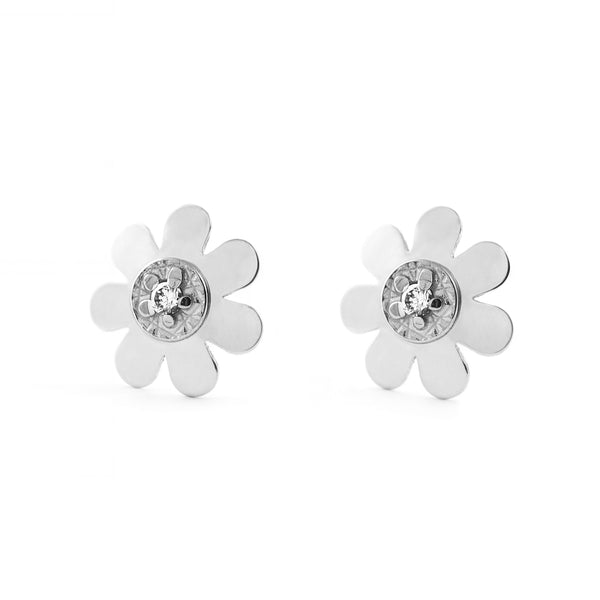 Orecchini bambini ragazza Fiore Zircone Oro Bianco 18K