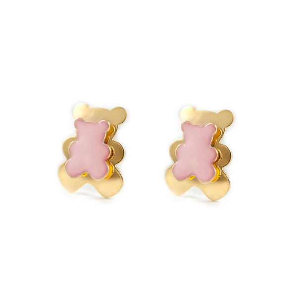 Orecchini ragazza Smalto rosa chiaro Orso Oro Giallo 9K