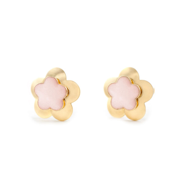 Orecchini ragazza Smalto rosa chiaro Fiore Oro Giallo 9K