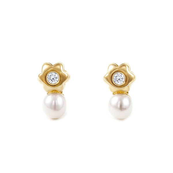 Orecchini bambini ragazza fiore margherita Zircone Perla 3.5 mm Oro Giallo 18K