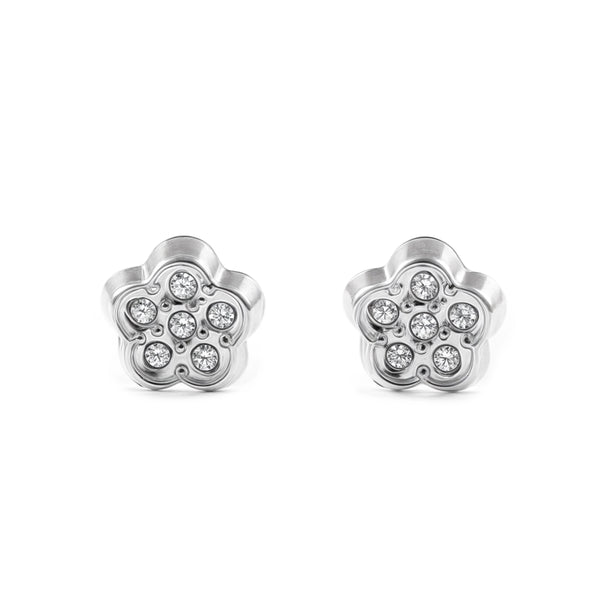 Orecchini bambini ragazza fiore margherita Zircone Oro Bianco 9K