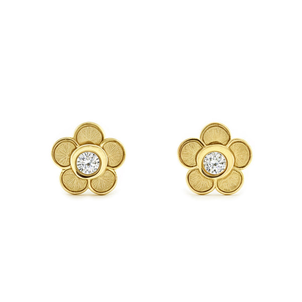 Orecchini bambini fiore margherita Zircone Oro Giallo 9K opaca e brillante