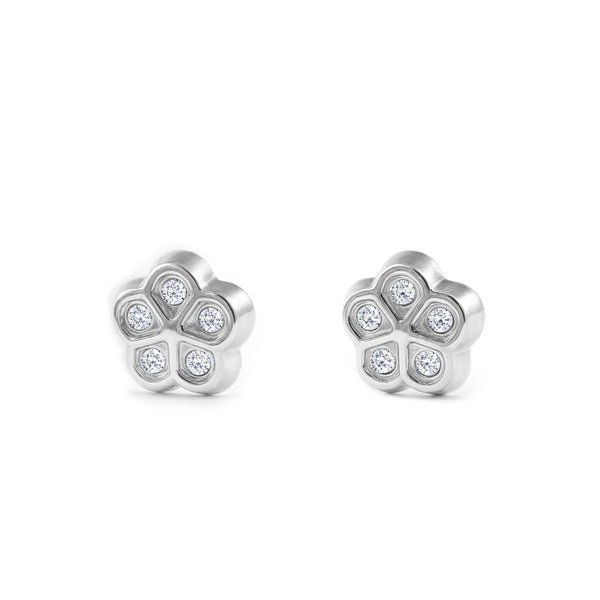 Orecchini bambini ragazza fiore margherita Zircone Oro Bianco 9K