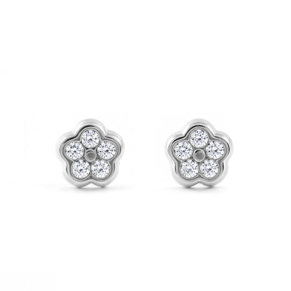 Orecchini bambini ragazza fiore margherita Zircone Oro Bianco 9K