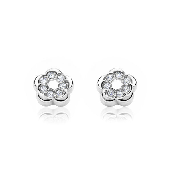 Orecchini bambini ragazza Fiore Zircone Oro Bianco 9K