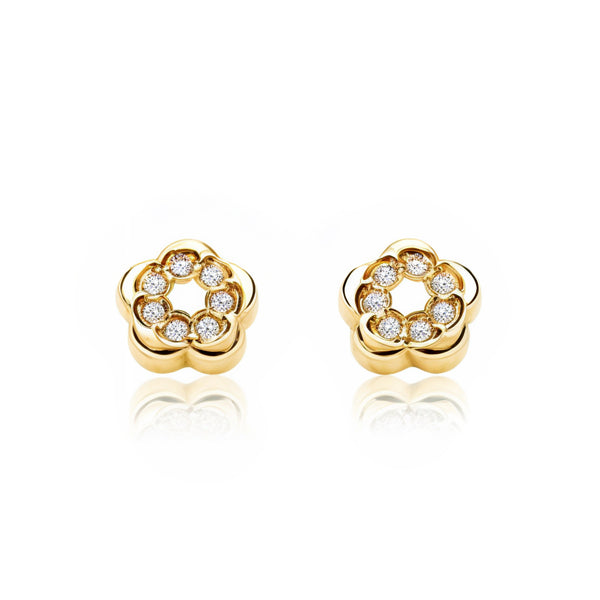 Orecchini bambini ragazza Fiore Zircone Oro Giallo 9K