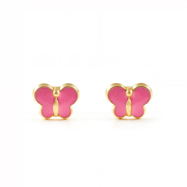 Orecchini bambini ragazza Smalto rosa Farfalla Oro Giallo 9K