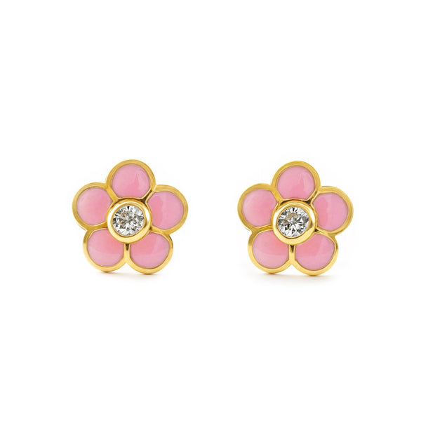 Orecchini ragazza Smalto rosa Fiore Zircone Oro Giallo 18K