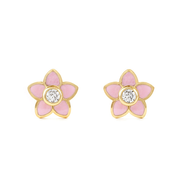 Orecchini ragazza Smalto rosa Fiore Zircone Oro Giallo 9K