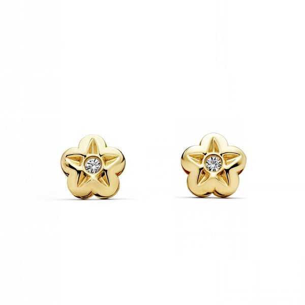 Orecchini bambini ragazza Fiore Zircone Oro Giallo 9K
