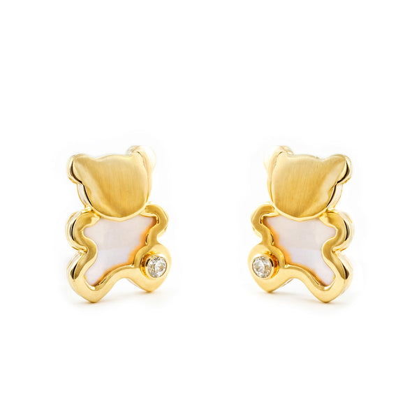 Orecchini ragazza Madreperla Orso Zircone Oro Giallo 9K