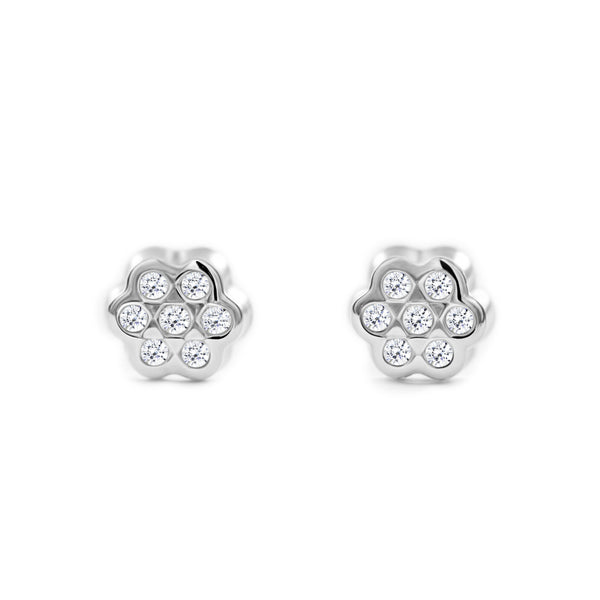 Orecchini bambini ragazza fiore margherita Zircone Oro Bianco 9K