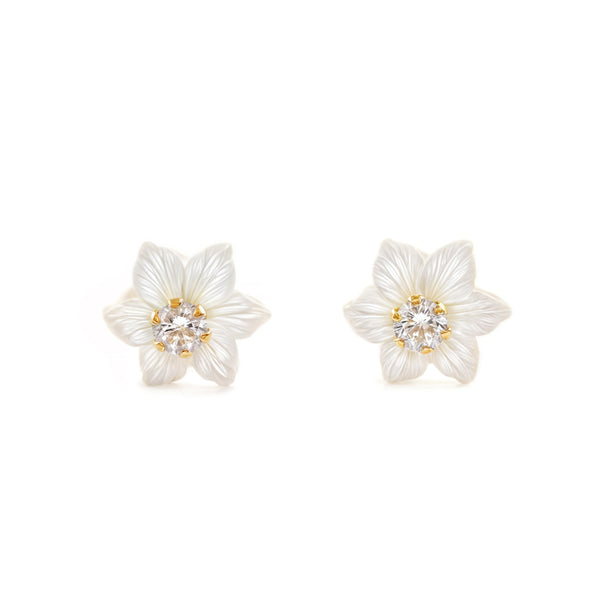Orecchini ragazza Madreperla Fiore Zircone 2 mm Oro Giallo 9K