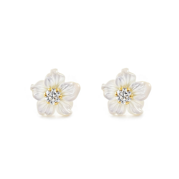 Orecchini ragazza Madreperla Fiore Zircone 2 mm Oro Giallo 18K