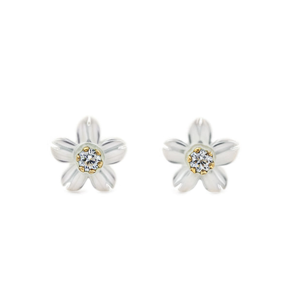 Orecchini ragazza Madreperla Fiore Zircone 2 mm Oro Giallo 9K