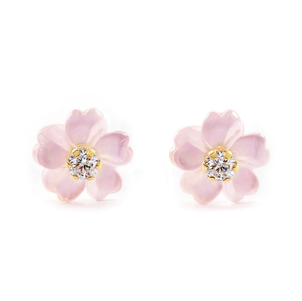 Orecchini ragazza Madreperla Fiore Zircone 2 mm Oro Giallo 9K